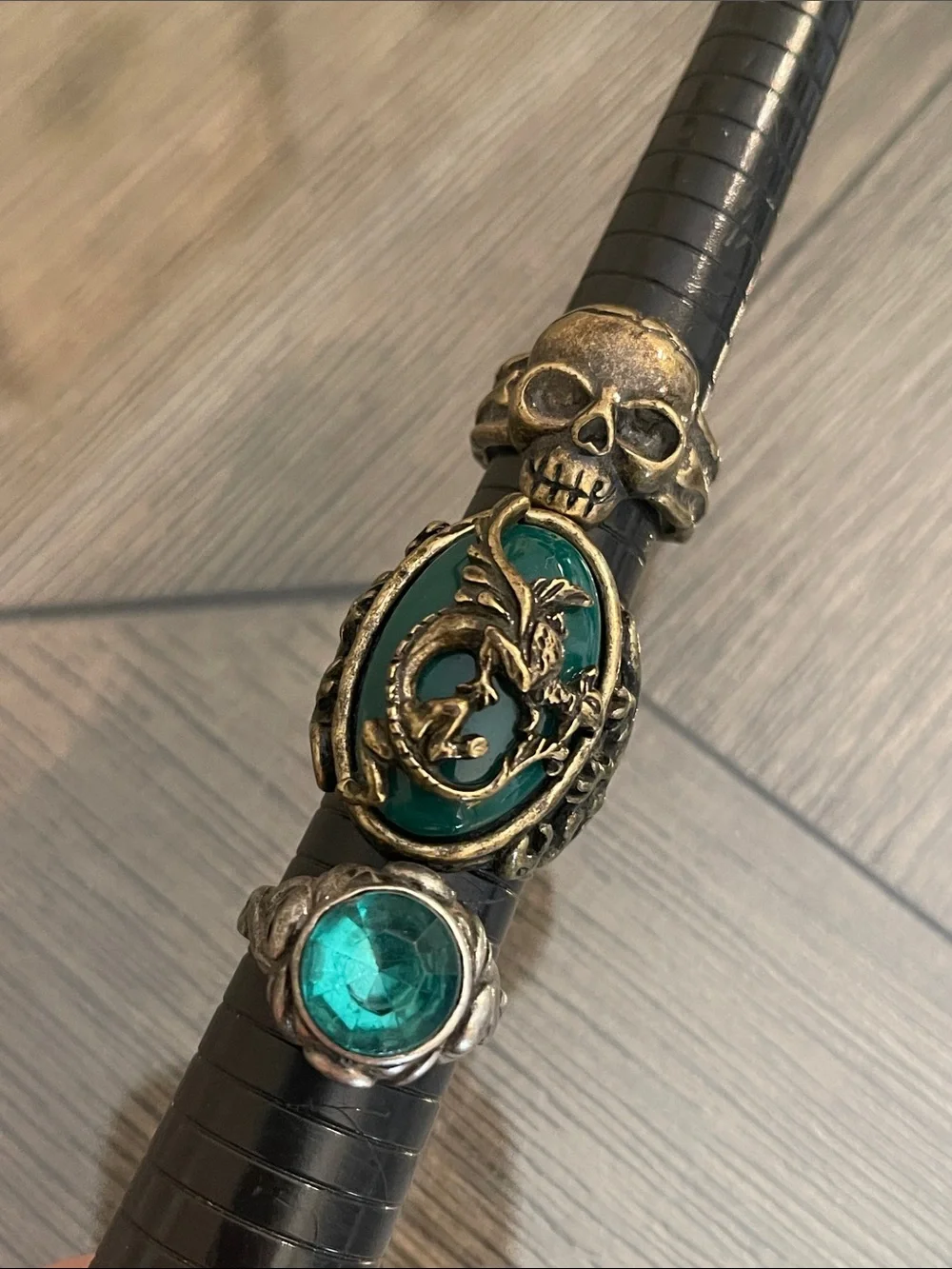 Disney Men's Pirate Jack Sparrow Teal Accent Skull and Dragon Cameo 3 Ring Set